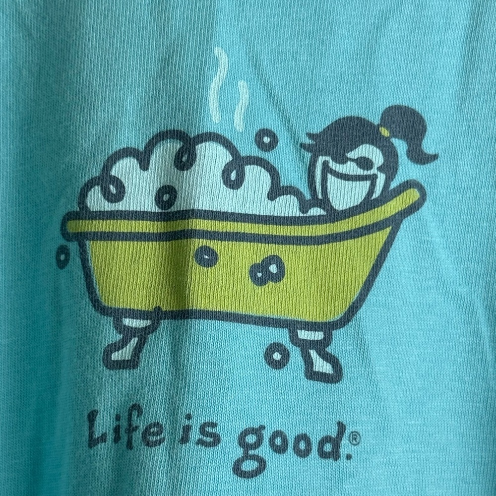 Life is Good Women's Sz S Short Sleeve T Shirt Teal Tubby Time PTP 18" - Picture 5 of 5
